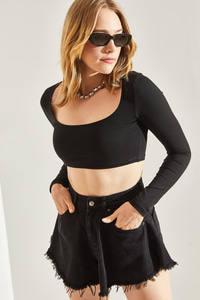 Kadın Uzun Kol Kare Yaka Crop Bluz 60251250 - Siyah BLUZ modelleri