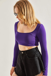 Kadın Uzun Kol Kare Yaka Crop Bluz 60251250 - Mor BLUZ modelleri