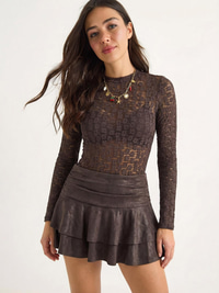 Kadın Uzun Kollu Yarım Balıkçı Yaka Transparan Tül Dantel Bodysuit 1034 60283930 - Kahverengi BLUZ modelleri