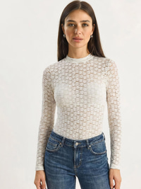 Kadın Uzun Kollu Yarım Balıkçı Yaka Transparan Tül Dantel Bodysuit 1034 60283930 - Beyaz BLUZ modelleri