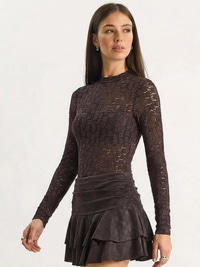 Kadın Uzun Kollu Yarım Balıkçı Yaka Transparan Tül Dantel Bodysuit 1034 60283930 - Kahverengi BLUZ modelleri