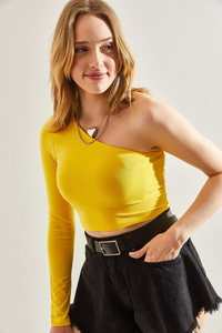 Kadın Uzun Tek Omuz Crop Bluz 60251257 - Sarı BLUZ modelleri