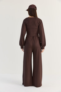 Kadın V Yaka Bel Korsajlı Crop Bluz Bel Pileli Palazzo Pantolon Modal Takım 0480 60286539 - Acı Kahve ALT - ÜST TAKIM modelleri
