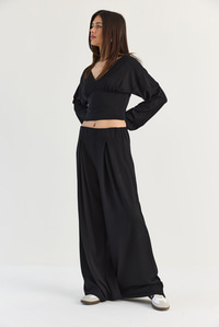 Kadın V Yaka Bel Korsajlı Crop Bluz Bel Pileli Palazzo Pantolon Modal Takım 0480 60286539 - Siyah ALT - ÜST TAKIM modelleri