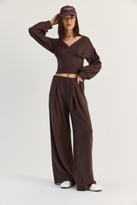 Kadın V Yaka Bel Korsajlı Crop Bluz Bel Pileli Palazzo Pantolon Modal Takım 0480 60286539 - Acı Kahve ALT - ÜST TAKIM modelleri