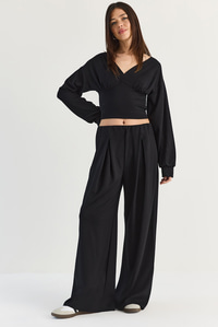 Kadın V Yaka Bel Korsajlı Crop Bluz Bel Pileli Palazzo Pantolon Modal Takım 0480 60286539 - Siyah ALT - ÜST TAKIM modelleri
