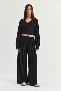 Kadın V Yaka Bel Korsajlı Crop Bluz Bel Pileli Palazzo Pantolon Modal Takım 0480 60286539 - Siyah ALT - ÜST TAKIM modelleri