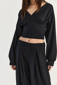 Kadın V Yaka Bel Korsajlı Crop Bluz Bel Pileli Palazzo Pantolon Modal Takım 0480 60286539 - Siyah ALT - ÜST TAKIM modelleri