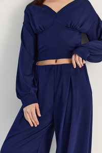 Kadın V Yaka Bel Korsajlı Crop Bluz Bel Pileli Palazzo Pantolon Modal Takım 0480 60286539 - Lacivert ALT - ÜST TAKIM modelleri