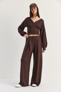 Kadın V Yaka Bel Korsajlı Crop Bluz Bel Pileli Palazzo Pantolon Modal Takım 0480 60286539 - Acı Kahve ALT - ÜST TAKIM modelleri