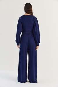 Kadın V Yaka Bel Korsajlı Crop Bluz Bel Pileli Palazzo Pantolon Modal Takım 0480 60286539 - Lacivert ALT - ÜST TAKIM modelleri
