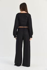 Kadın V Yaka Bel Korsajlı Crop Bluz Bel Pileli Palazzo Pantolon Modal Takım 0480 60286539 - Siyah ALT - ÜST TAKIM modelleri