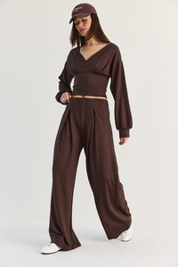 Kadın V Yaka Bel Korsajlı Crop Bluz Bel Pileli Palazzo Pantolon Modal Takım 0480 60286539 - Acı Kahve ALT - ÜST TAKIM modelleri