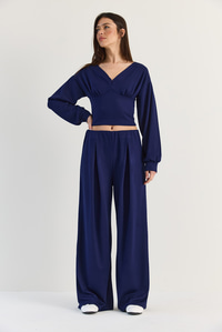 Kadın V Yaka Bel Korsajlı Crop Bluz Bel Pileli Palazzo Pantolon Modal Takım 0480 60286539 - Lacivert ALT - ÜST TAKIM modelleri