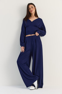 Kadın V Yaka Bel Korsajlı Crop Bluz Bel Pileli Palazzo Pantolon Modal Takım 0480 60286539 - Lacivert ALT - ÜST TAKIM modelleri