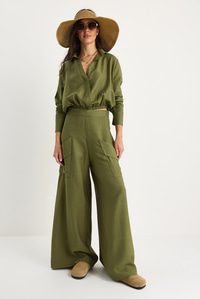Kadın V Yaka Beli Lastikli Crop Cep Detaylı Bol Pantolonlu Alt-Üst Takım B2199 60283369 - Haki