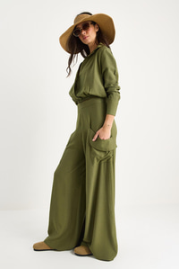 Kadın V Yaka Beli Lastikli Crop Cep Detaylı Bol Pantolonlu Alt-Üst Takım B2199 60283369 - Haki