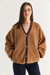Kadın V Yaka Çıtçıt Düğmeli Astarlı Cep Detaylı Oversize Kaşe Ceket 60710 60286749 - Camel CEKET modelleri