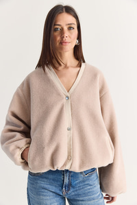 Kadın V Yaka Çıtçıt Düğmeli Astarlı Cep Detaylı Oversize Kaşe Ceket 60710 60286749 - Bej CEKET modelleri