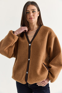 Kadın V Yaka Çıtçıt Düğmeli Astarlı Cep Detaylı Oversize Kaşe Ceket 60710 60286749 - Camel CEKET modelleri