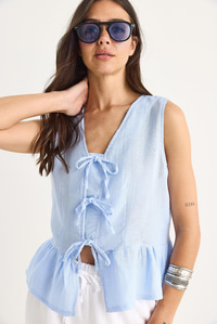 Kadın V Yaka Fiyonk Detaylı Müslin Peplum Bluz G28-4883 60283356 - Bebe Mavisi