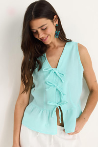 Kadın V Yaka Fiyonk Detaylı Müslin Peplum Bluz G28-4883 60283356 - Su Yeşili