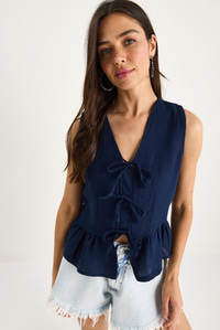 Kadın V Yaka Fiyonk Detaylı Müslin Peplum Bluz G28-4883 60283356 - Lacivert