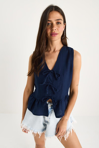 Kadın V Yaka Fiyonk Detaylı Müslin Peplum Bluz G28-4883 60283356 - Lacivert