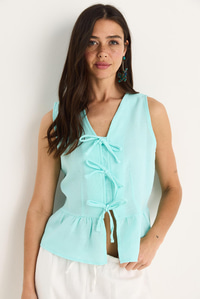 Kadın V Yaka Fiyonk Detaylı Müslin Peplum Bluz G28-4883 60283356 - Su Yeşili