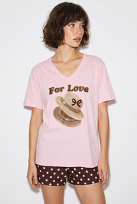 Kadın V Yaka For Love Nakış ve Boncuk İşlemeli Oversize T-Shirt 2240 60286329 - Pudra T-SHİRT modelleri