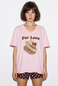 Kadın V Yaka For Love Nakış ve Boncuk İşlemeli Oversize T-Shirt 2240 60286329 - Pudra T-SHİRT modelleri