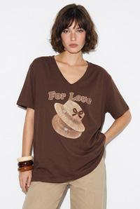 Kadın V Yaka For Love Nakış ve Boncuk İşlemeli Oversize T-Shirt 2240 60286329 - Acı Kahve T-SHİRT modelleri
