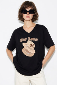 Kadın V Yaka For Love Nakış ve Boncuk İşlemeli Oversize T-Shirt 2240 60286329 - Siyah T-SHİRT modelleri