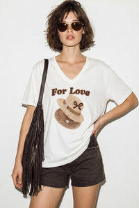 Kadın V Yaka For Love Nakış ve Boncuk İşlemeli Oversize T-Shirt 2240 60286329 - Beyaz T-SHİRT modelleri