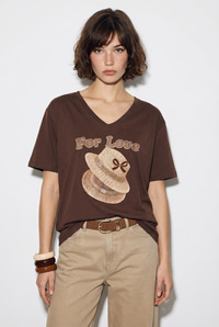 Kadın V Yaka For Love Nakış ve Boncuk İşlemeli Oversize T-Shirt 2240 60286329 - Acı Kahve T-SHİRT modelleri