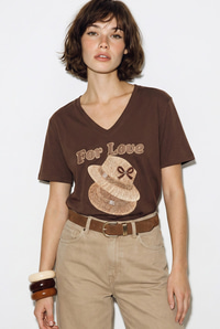 Kadın V Yaka For Love Nakış ve Boncuk İşlemeli Oversize T-Shirt 2240 60286329 - Acı Kahve T-SHİRT modelleri