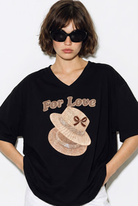 Kadın V Yaka For Love Nakış ve Boncuk İşlemeli Oversize T-Shirt 2240 60286329 - Siyah T-SHİRT modelleri