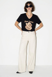 Kadın V Yaka For Love Nakış ve Boncuk İşlemeli Oversize T-Shirt 2240 60286329 - Siyah T-SHİRT modelleri