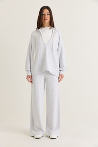 Kadın V Yaka Kapüşonlu Oversize Sweatshirt Atlet Wide Leg Pantolon 3'lü Takım 4229 60286661 - Gri Melanj ALT - ÜST TAKIM modelleri