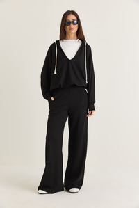 Kadın V Yaka Kapüşonlu Oversize Sweatshirt Atlet Wide Leg Pantolon 3'lü Takım 4229 60286661 - Siyah ALT - ÜST TAKIM modelleri