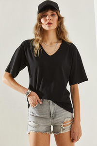 Kadın V Yaka Kısa Kollu Basic T-Shirt 60251204 - Siyah T-SHİRT modelleri
