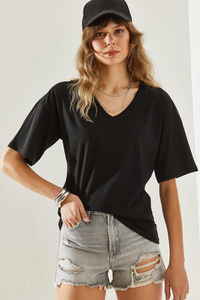 Kadın V Yaka Kısa Kollu Basic T-Shirt 60251204 - Siyah T-SHİRT modelleri
