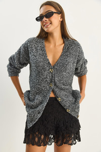 Kadın V Yaka Oversize Buklet Carmen Triko Hırka 2433 60283679 - Siyah HIRKA modelleri