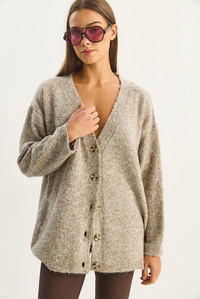 Kadın V Yaka Oversize Buklet Carmen Triko Hırka 2433 60283679 - Bej HIRKA modelleri