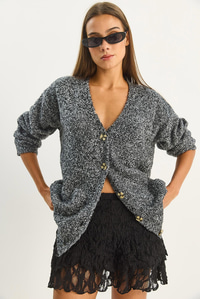 Kadın V Yaka Oversize Buklet Carmen Triko Hırka 2433 60283679 - Siyah HIRKA modelleri