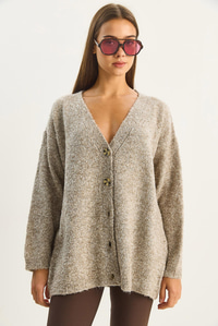 Kadın V Yaka Oversize Buklet Carmen Triko Hırka 2433 60283679 - Bej HIRKA modelleri