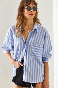 Kadın V Yaka Oversize Çizgili Gömlek 4458 60251331 - Mavi-Siyah GÖMLEK modelleri