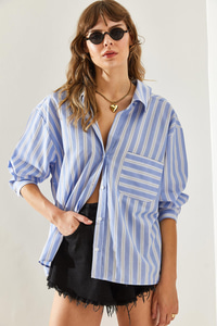 Kadın V Yaka Oversize Çizgili Gömlek 4458 60251331 - Mavi-Siyah GÖMLEK modelleri