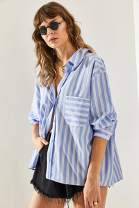 Kadın V Yaka Oversize Çizgili Gömlek 4458 60251331 - Mavi-Siyah GÖMLEK modelleri