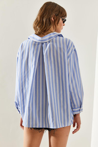 Kadın V Yaka Oversize Çizgili Gömlek 4458 60251331 - Mavi-Siyah GÖMLEK modelleri